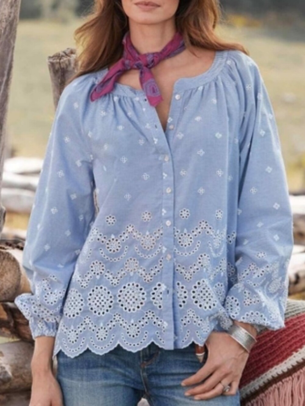 Sundance-"Rory" Embroidery Eyelet Blue/White Striped Button Up-Size Medium